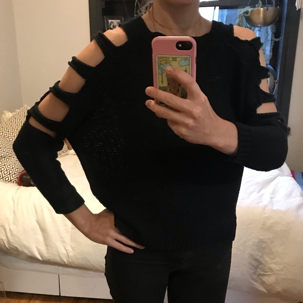 Sexy cold shoulder black cotton sweater